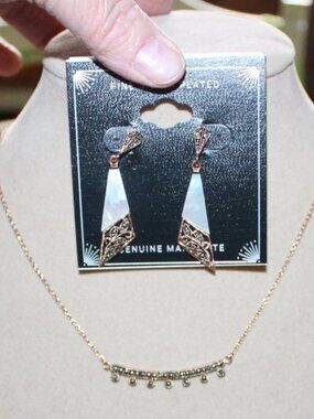 NWT Genuine Marcasite necklace/mother of pearl earrings set. VINTAGE LOOK!